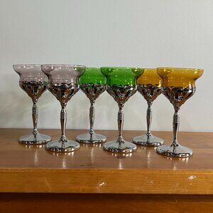 Vtg Set of 6 Wine Glasses/Goblets w/Colored Glass & Silver-Plated Stem & Base
